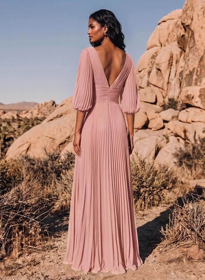 Elegant Pleated V-Neck A-Line Floor-Length Chiffon Bridesmaid Dresses With High Slit