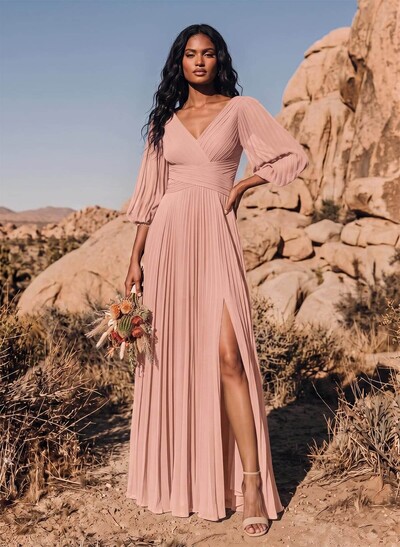 Elegant Pleated V-Neck A-Line High Split Floor-Length Chiffon Bridesmaid Dresses