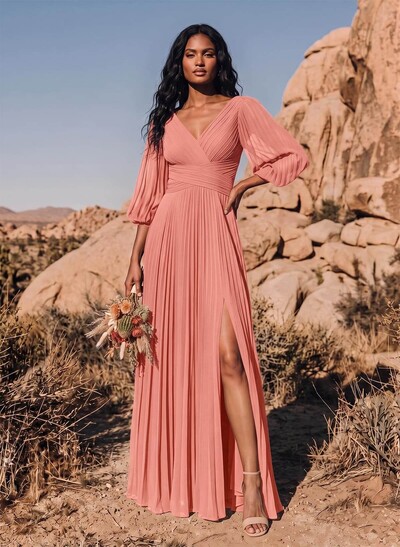 Elegant Pleated V-Neck A-Line High Split Floor-Length Chiffon Bridesmaid Dresses