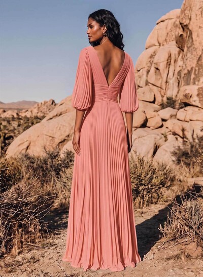 Elegant Pleated V-Neck A-Line High Split Floor-Length Chiffon Bridesmaid Dresses