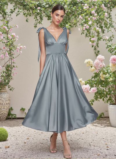 Classic V-Neck Bow(s) Regular Straps A-Line Tea-Length Satin Bridesmaid Dresses