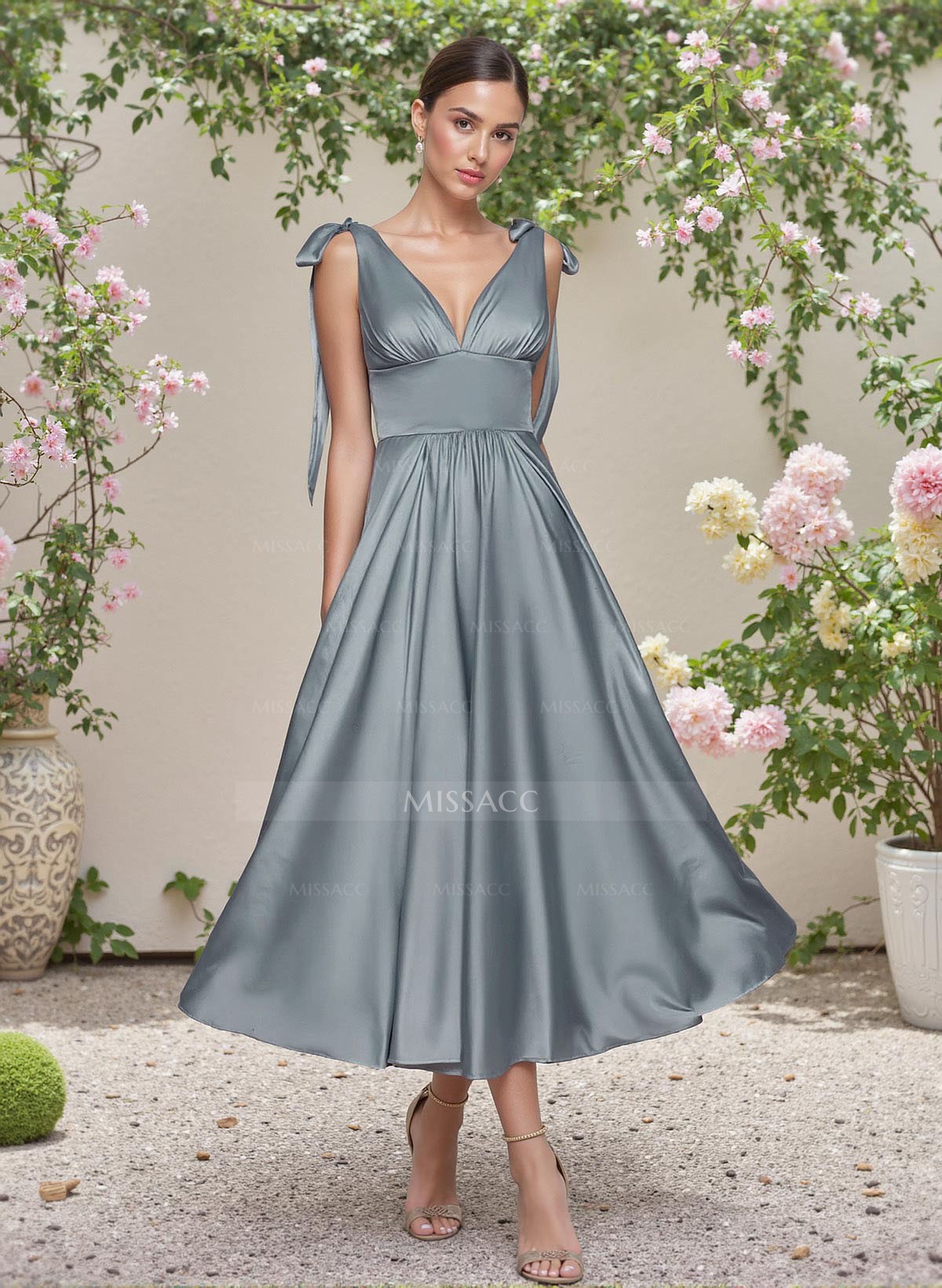 Classic V-Neck Bow(s) Regular Straps A-Line Tea-Length Satin Bridesmaid Dresses