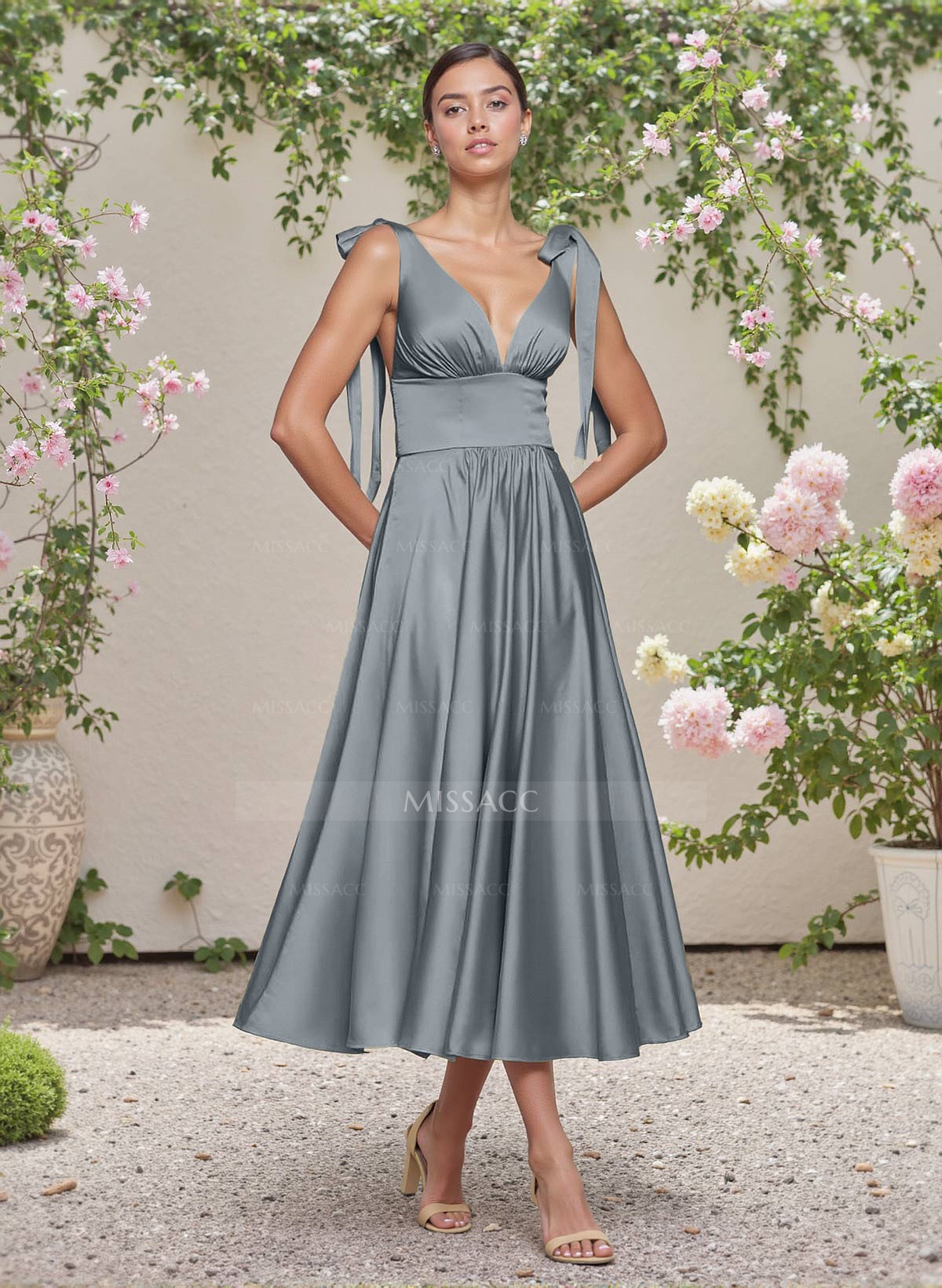 Classic V-Neck Bow(s) Regular Straps A-Line Tea-Length Satin Bridesmaid Dresses