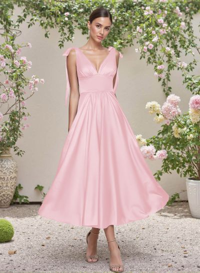 Classic V-Neck Bow(s) Regular Straps A-Line Tea-Length Satin Bridesmaid Dresses