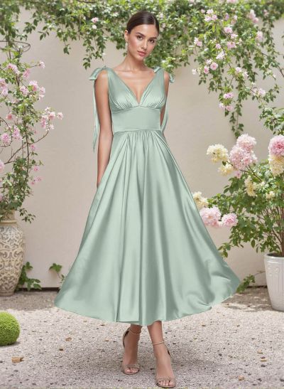 Classic V-Neck Bow(s) Regular Straps A-Line Tea-Length Satin Bridesmaid Dresses