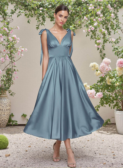 Classic V-Neck Bow(s) Regular Straps A-Line Tea-Length Stretch Satin Bridesmaid Dresses