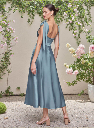 Classic V-Neck Bow(s) Regular Straps A-Line Tea-Length Stretch Satin Bridesmaid Dresses