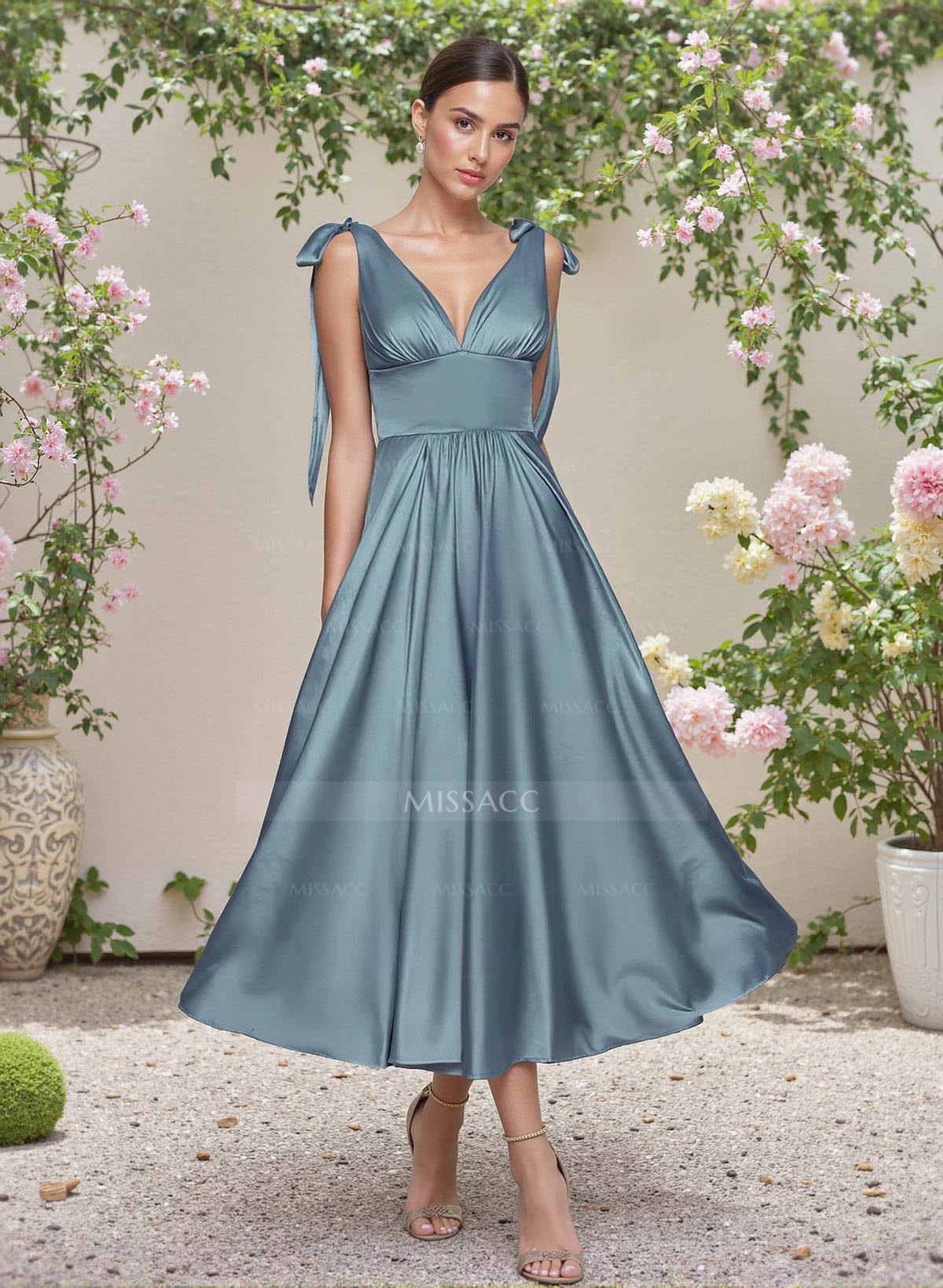 Classic V-Neck Bow(s) Regular Straps A-Line Tea-Length Stretch Satin Bridesmaid Dresses