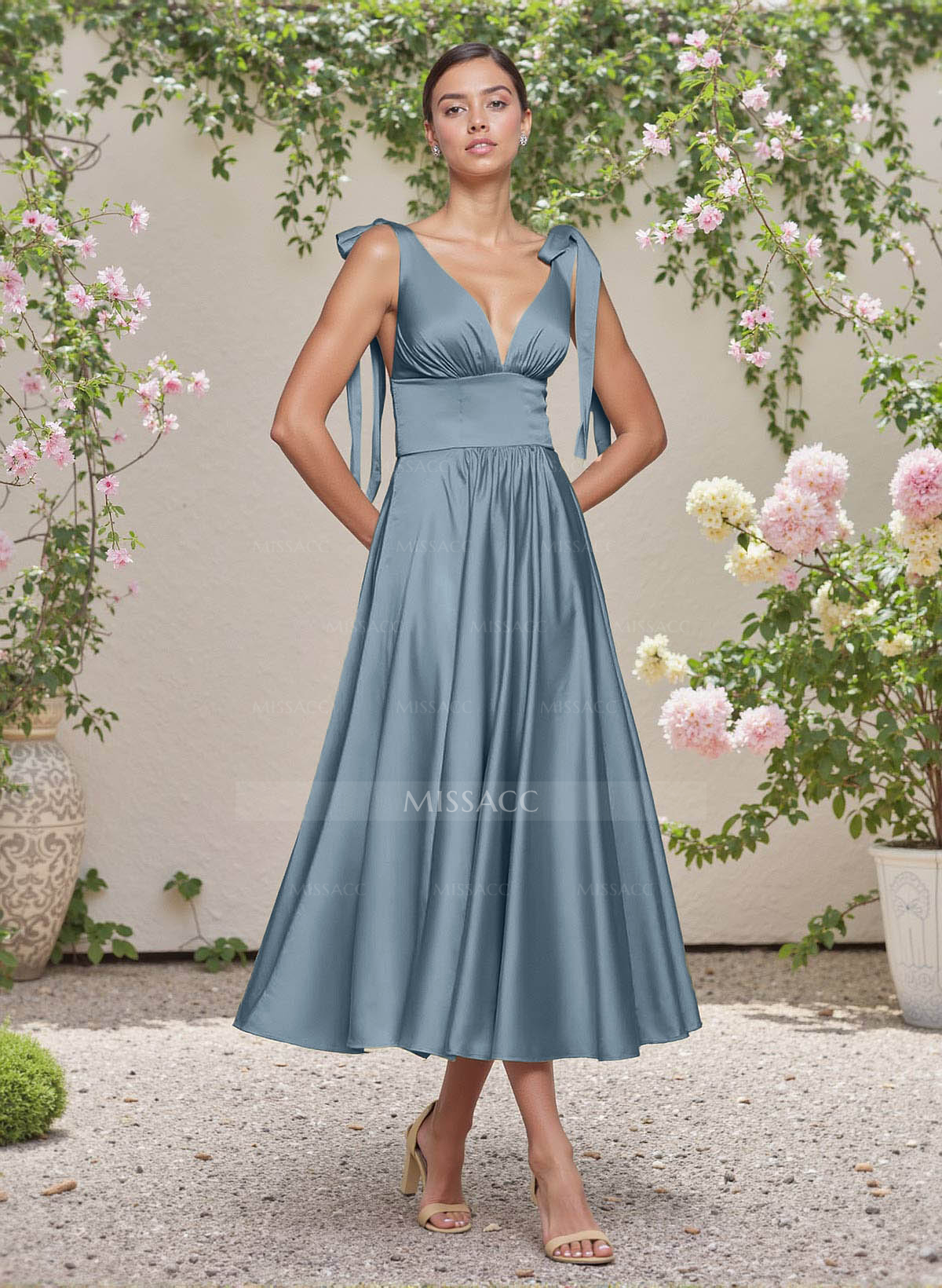 Classic V-Neck Bow(s) Regular Straps A-Line Tea-Length Stretch Satin Bridesmaid Dresses