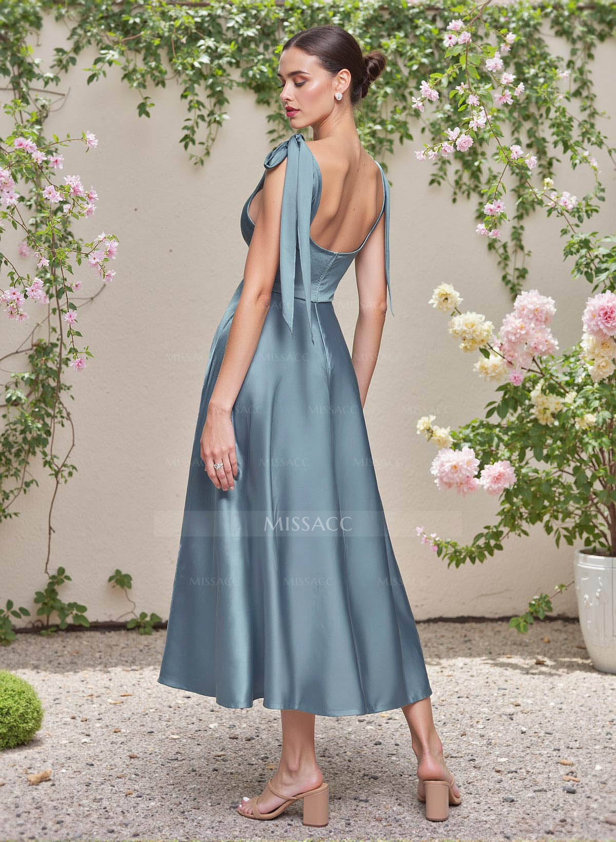 Classic V-Neck Bow(s) Regular Straps A-Line Tea-Length Stretch Satin Bridesmaid Dresses