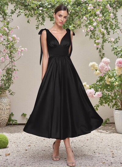 Classic V-Neck Bow(s) Regular Straps A-Line Tea-Length Stretch Satin Bridesmaid Dresses
