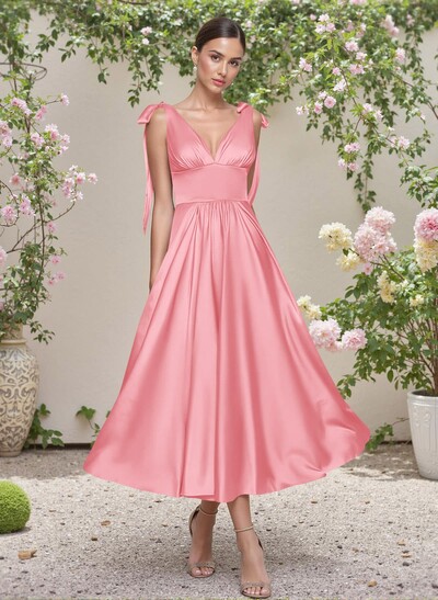 Classic V-Neck Bow(s) Regular Straps A-Line Tea-Length Stretch Satin Bridesmaid Dresses