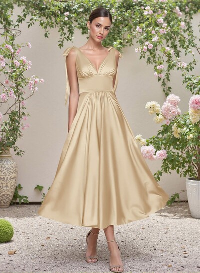 Classic V-Neck Bow(s) Regular Straps A-Line Tea-Length Stretch Satin Bridesmaid Dresses