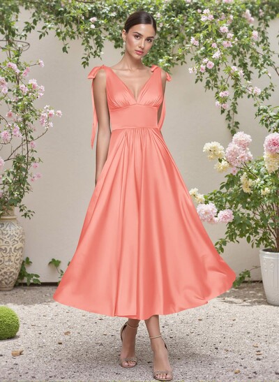 Classic V-Neck Bow(s) Regular Straps A-Line Tea-Length Stretch Satin Bridesmaid Dresses