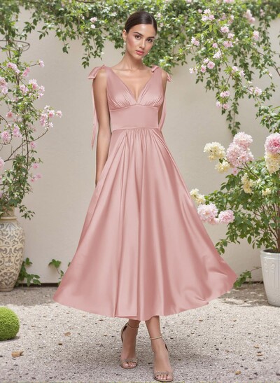 Classic V-Neck Bow(s) Regular Straps A-Line Tea-Length Stretch Satin Bridesmaid Dresses