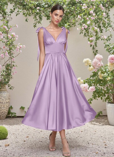 Classic V-Neck Bow(s) Regular Straps A-Line Tea-Length Stretch Satin Bridesmaid Dresses