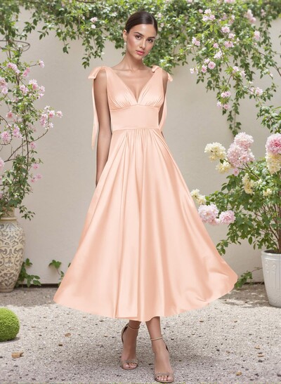 Classic V-Neck Bow(s) Regular Straps A-Line Tea-Length Stretch Satin Bridesmaid Dresses
