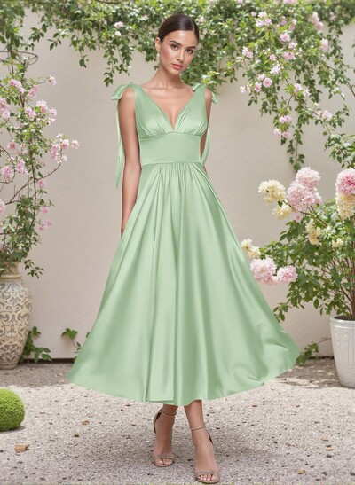 Classic V-Neck Bow(s) Regular Straps A-Line Tea-Length Stretch Satin Bridesmaid Dresses