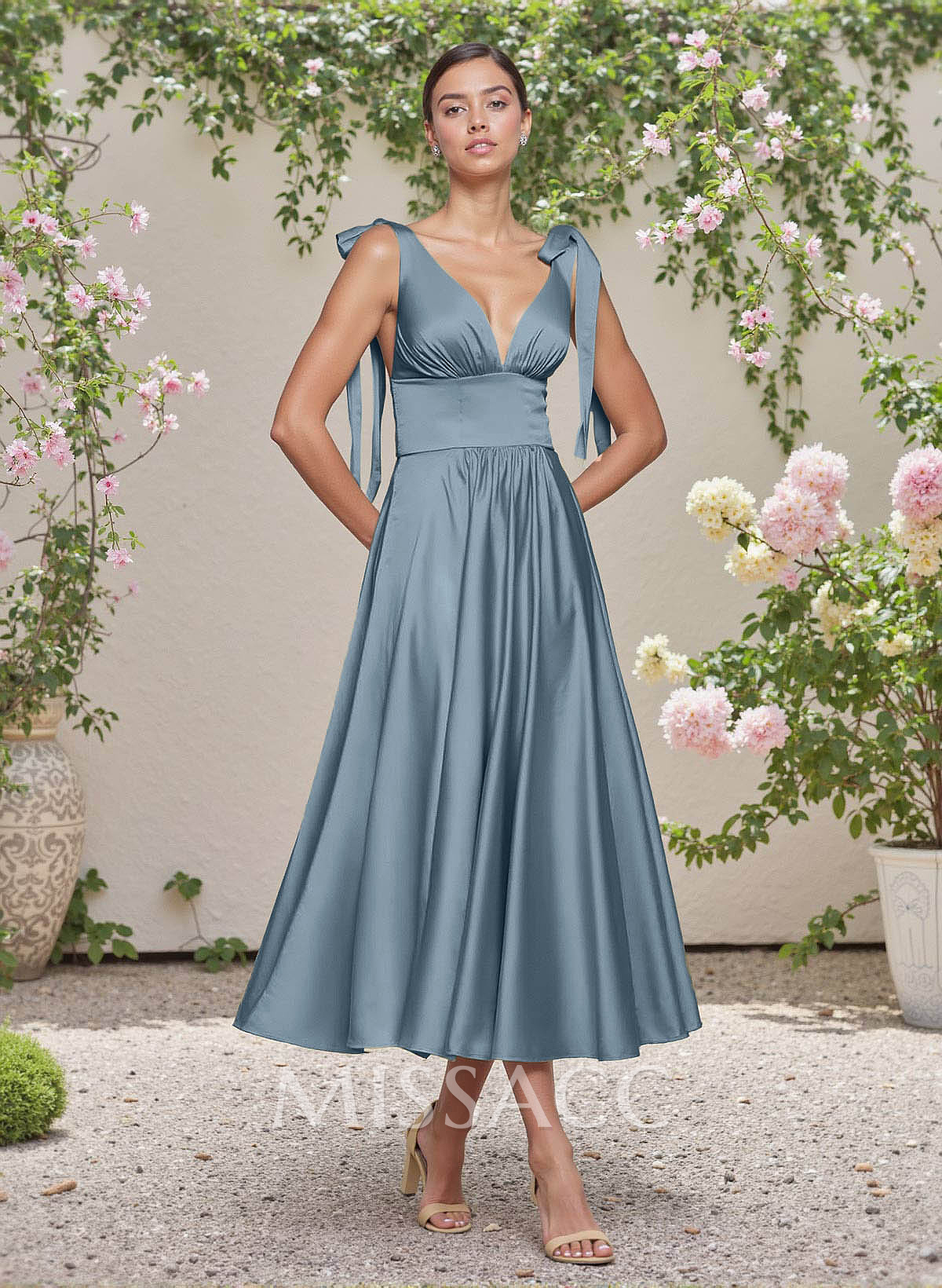 Classic V-Neck Bow(s) Regular Straps A-Line Tea-Length Stretch Satin Bridesmaid Dresses