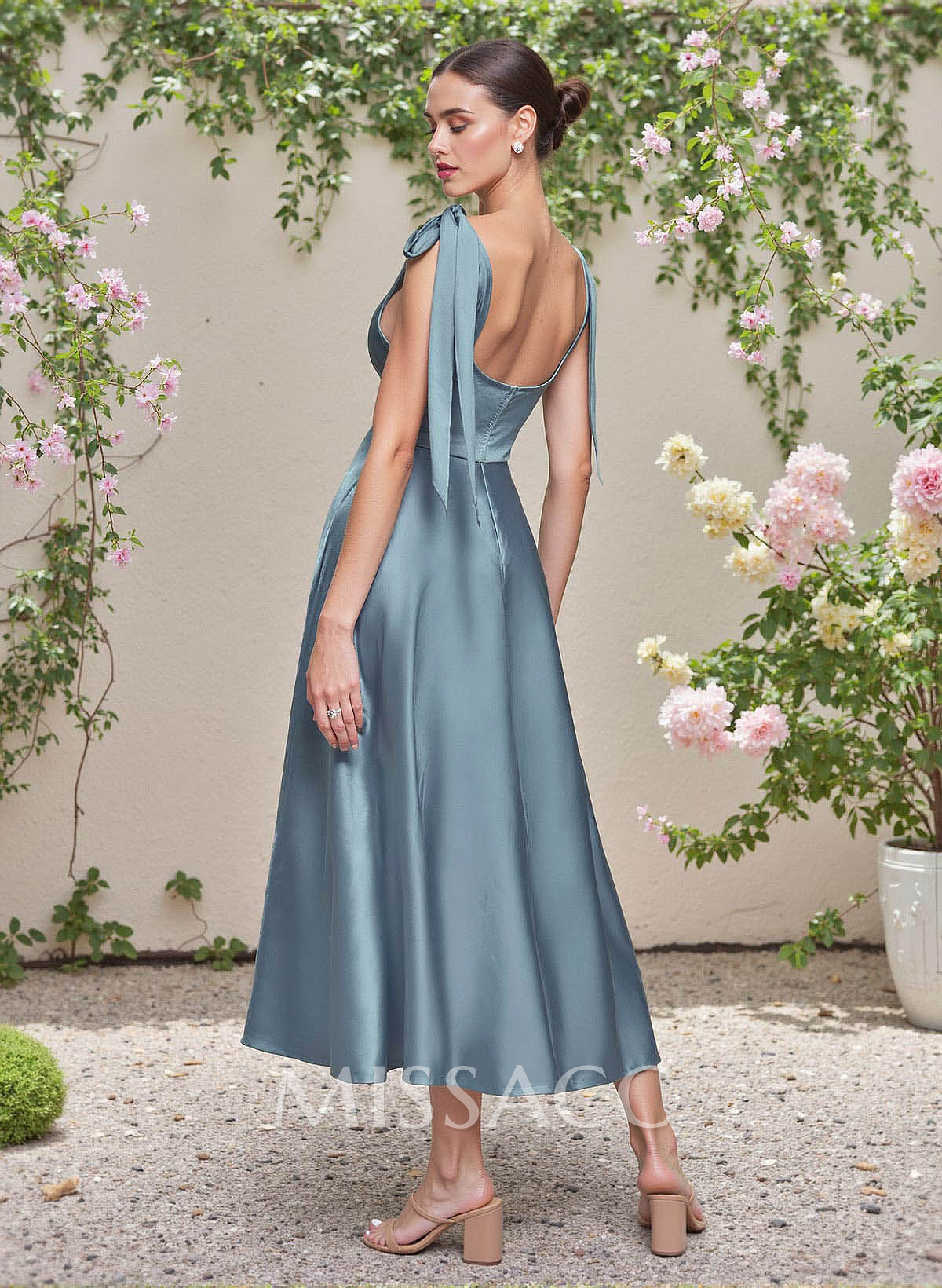 Classic V-Neck Bow(s) Regular Straps A-Line Tea-Length Stretch Satin Bridesmaid Dresses