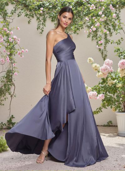 Elegant One-Shoulder Ruffle A-Line Asymmetrical Satin Bridesmaid Dresses