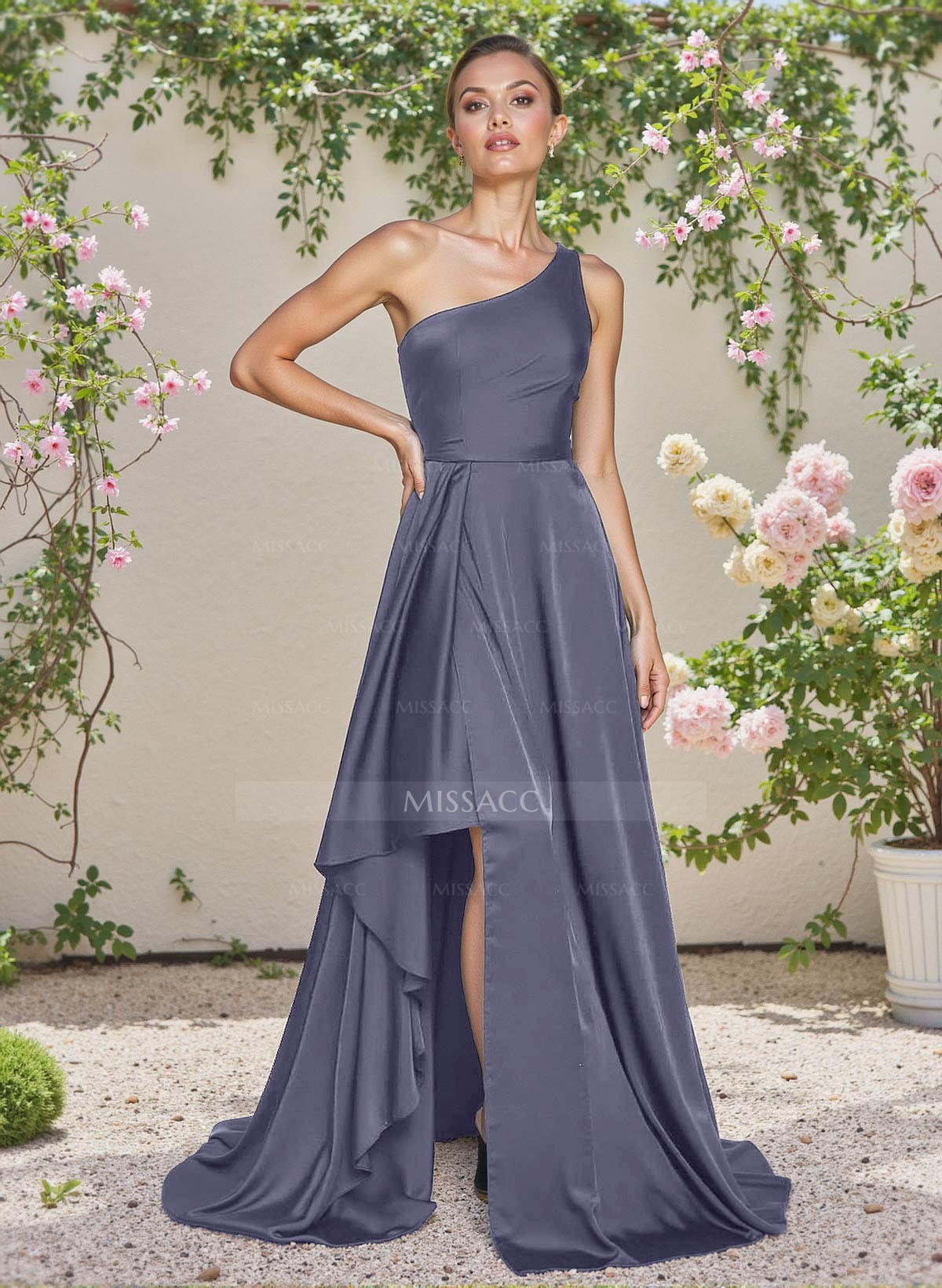 Elegant One-Shoulder Ruffle A-Line Asymmetrical Satin Bridesmaid Dresses