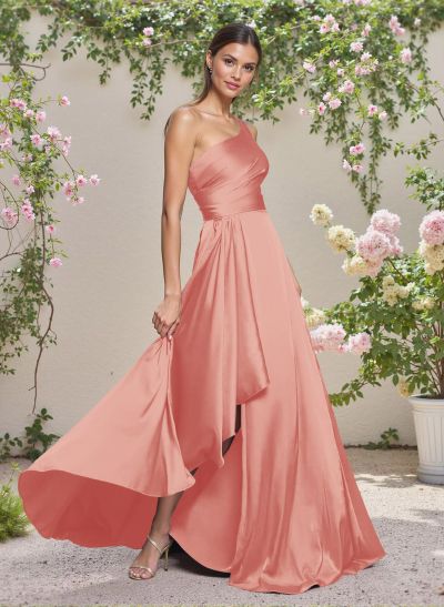 Elegant One-Shoulder Ruffle A-Line Asymmetrical Satin Bridesmaid Dresses
