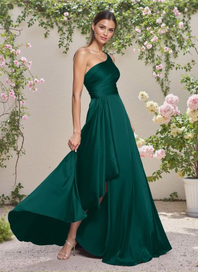 Elegant One-Shoulder Ruffle A-Line Asymmetrical Satin Bridesmaid Dresses