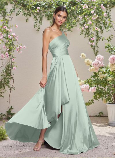 Elegant One-Shoulder Ruffle A-Line Asymmetrical Satin Bridesmaid Dresses