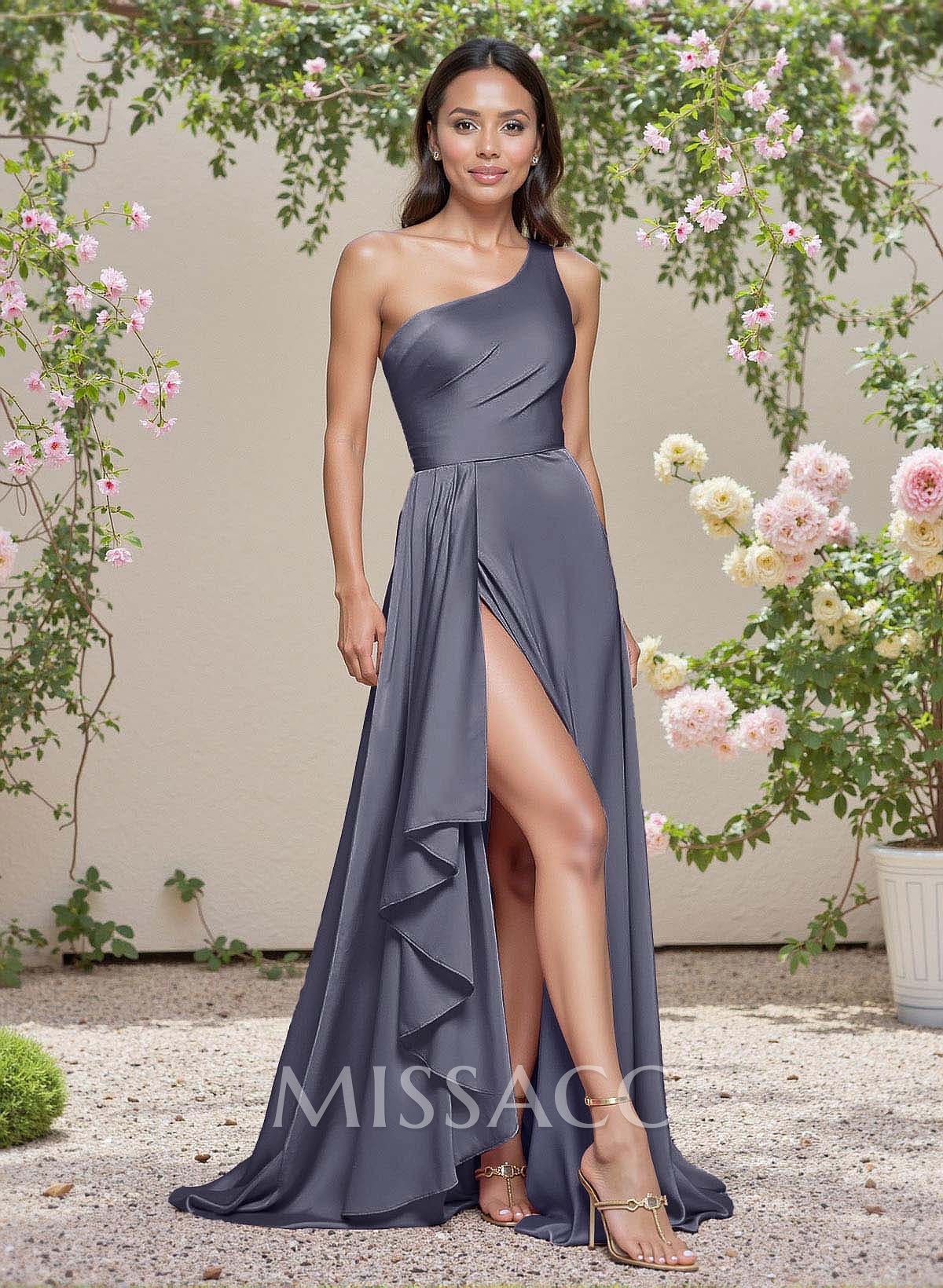 Elegant One-Shoulder Ruffle A-Line Asymmetrical Satin Bridesmaid Dresses Elegant One-Shoulder Ruffle A-Line Asymmetrical Satin Bridesmaid Dresses