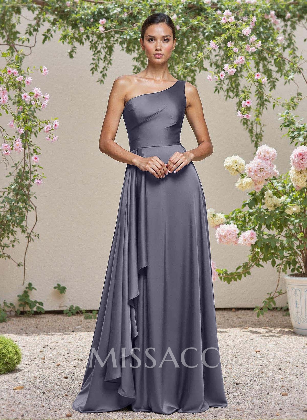 Elegant One-Shoulder Ruffle A-Line Asymmetrical Satin Bridesmaid Dresses Elegant One-Shoulder Ruffle A-Line Asymmetrical Satin Bridesmaid Dresses