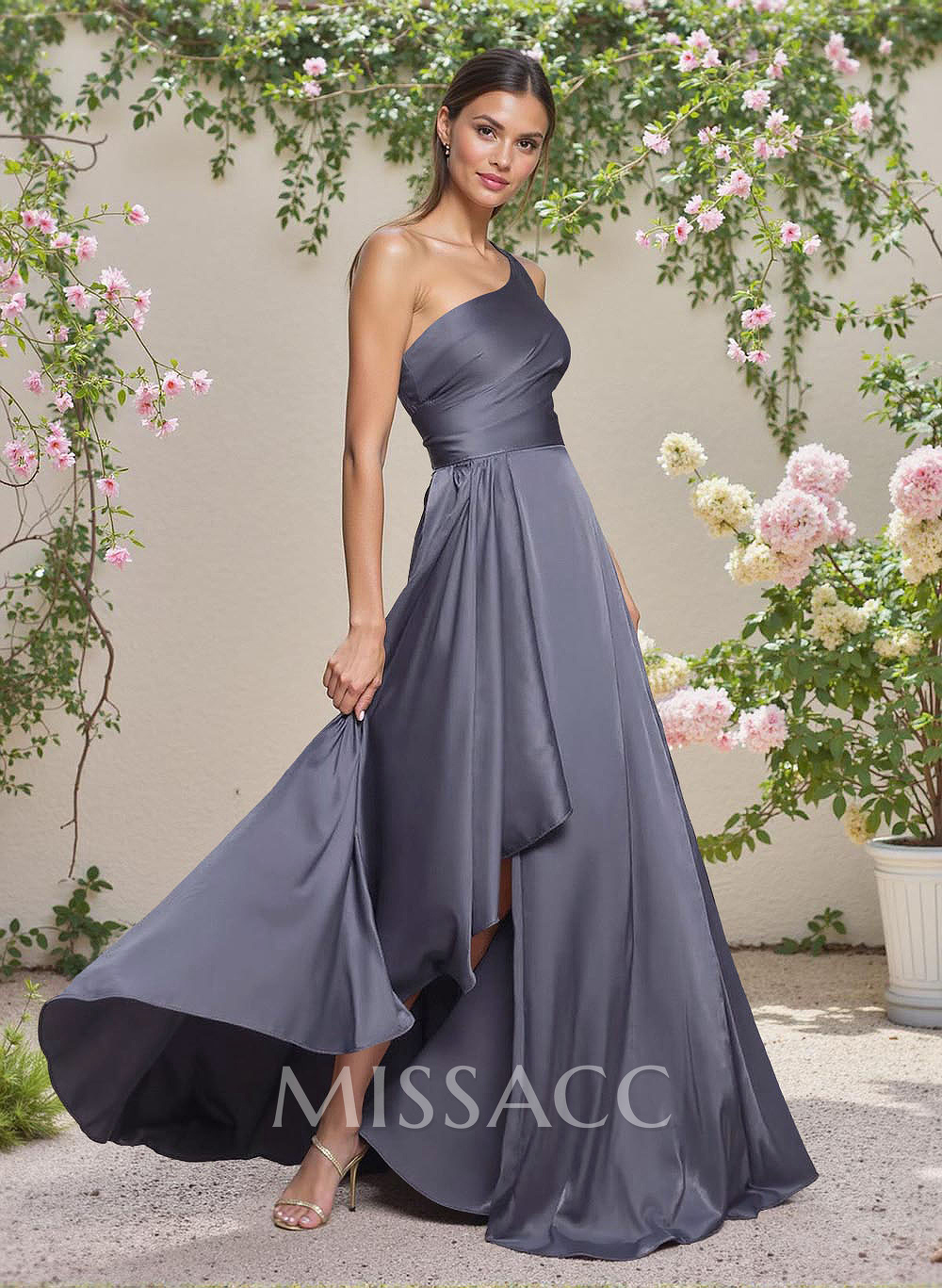 Elegant One-Shoulder Ruffle A-Line Asymmetrical Satin Bridesmaid Dresses Elegant One-Shoulder Ruffle A-Line Asymmetrical Satin Bridesmaid Dresses
