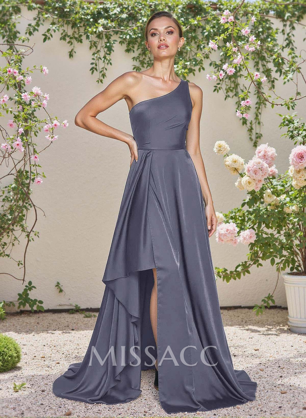 Elegant One-Shoulder Ruffle A-Line Asymmetrical Satin Bridesmaid Dresses Elegant One-Shoulder Ruffle A-Line Asymmetrical Satin Bridesmaid Dresses
