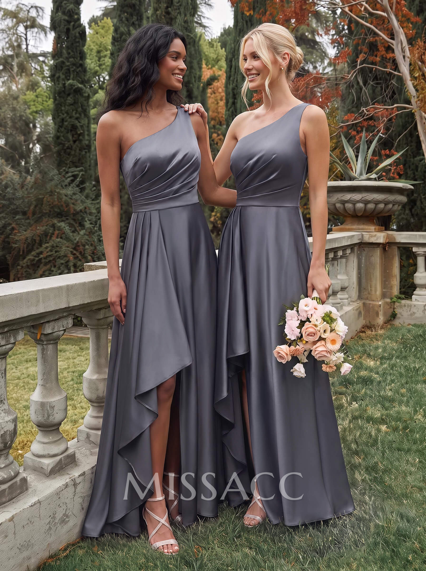 Elegant One-Shoulder Ruffle A-Line Asymmetrical Satin Bridesmaid Dresses Elegant One-Shoulder Ruffle A-Line Asymmetrical Satin Bridesmaid Dresses