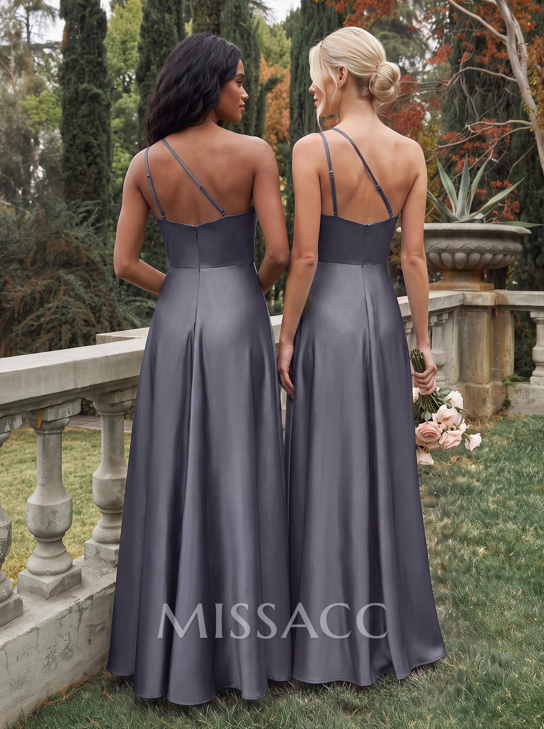 Elegant One-Shoulder Ruffle A-Line Asymmetrical Satin Bridesmaid Dresses Elegant One-Shoulder Ruffle A-Line Asymmetrical Satin Bridesmaid Dresses
