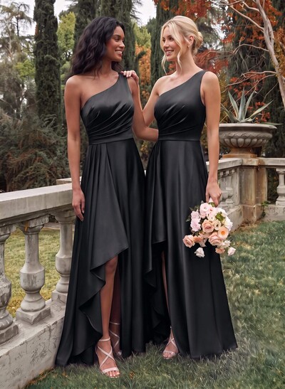 Elegant One-Shoulder Ruffle A-Line Asymmetrical Satin Bridesmaid Dresses