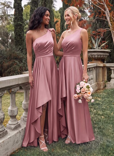 Elegant One-Shoulder Ruffle A-Line Asymmetrical Satin Bridesmaid Dresses