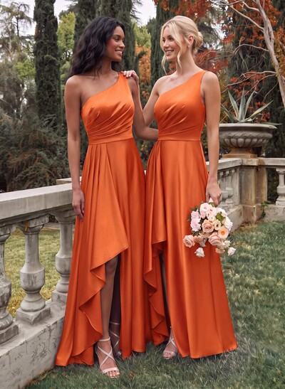 Elegant One-Shoulder Ruffle A-Line Asymmetrical Satin Bridesmaid Dresses