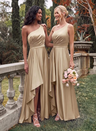 Elegant One-Shoulder Ruffle A-Line Asymmetrical Satin Bridesmaid Dresses