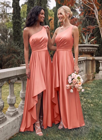 Elegant One-Shoulder Ruffle A-Line Asymmetrical Satin Bridesmaid Dresses
