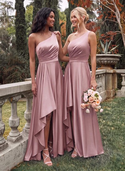 Elegant One-Shoulder Ruffle A-Line Asymmetrical Satin Bridesmaid Dresses