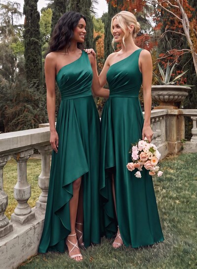 Elegant One-Shoulder Ruffle A-Line Asymmetrical Satin Bridesmaid Dresses