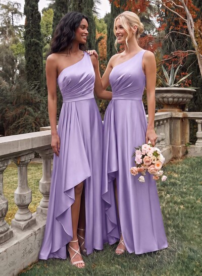 Elegant One-Shoulder Ruffle A-Line Asymmetrical Satin Bridesmaid Dresses