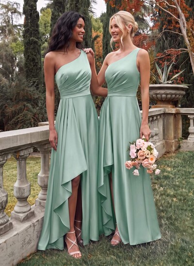 Elegant One-Shoulder Ruffle A-Line Asymmetrical Satin Bridesmaid Dresses
