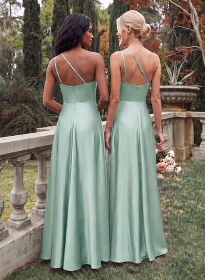 Elegant One-Shoulder Ruffle A-Line Asymmetrical Satin Bridesmaid Dresses