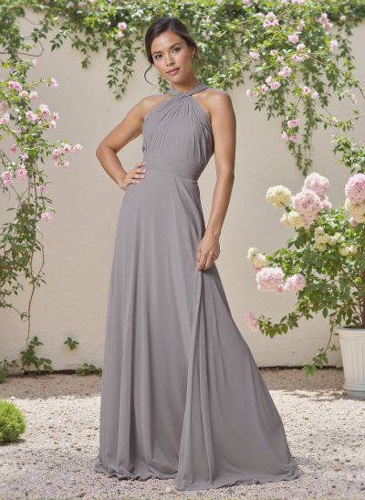 Classic Halter Sleeveless A-Line Floor-Length Chiffon Bridesmaid Dresses