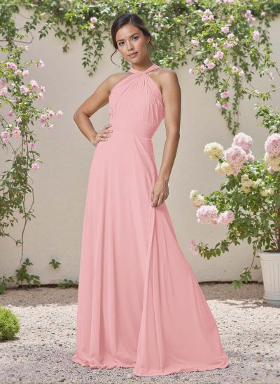 Classic Halter Sleeveless A-Line Floor-Length Chiffon Bridesmaid Dresses