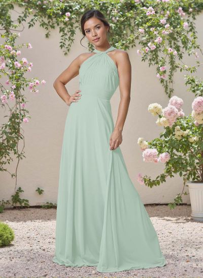 Classic Halter Sleeveless A-Line Floor-Length Chiffon Bridesmaid Dresses