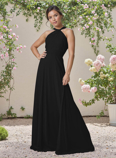 Classic Halter Sleeveless A-Line Floor-Length Chiffon Bridesmaid Dresses