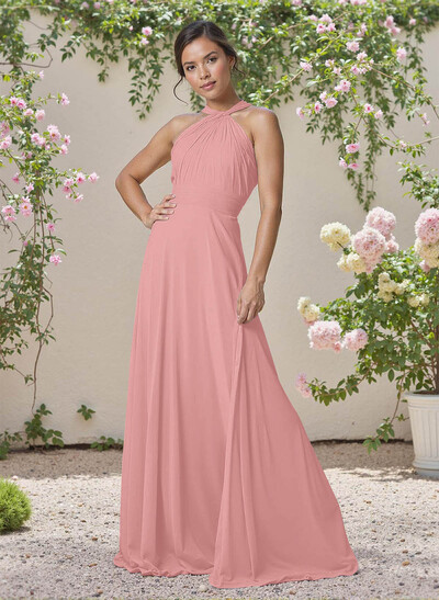 Classic Halter Sleeveless A-Line Floor-Length Chiffon Bridesmaid Dresses